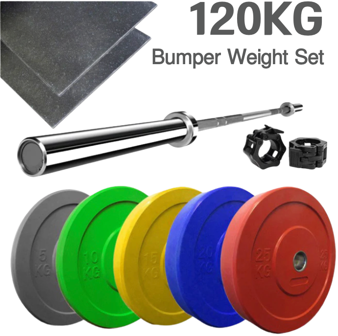 120kg Coloured Olympic Bumper Plate & Barbell Set with Flooring Mats
