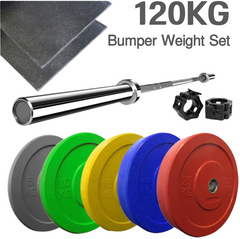 120kg Coloured Olympic Bumper Plate & Barbell Set with Flooring Mats