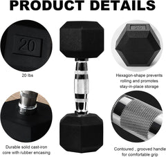 Pair of 20-45lb Rubber Coated Hex Dumbbell Set