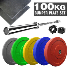 110kg Crossfit Weightlifting Barbell Bumper Plate Gym Weightlifting Set + Mats